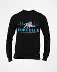 Black long sleeve crewneck T-shirt with “CODE BLUE” wolf heart-rate graphic