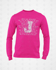 Pink long-sleeve crew neck T-shirt with white typographic collage front graphic