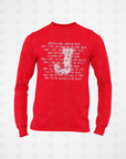 Red long-sleeve crew neck T-shirt with white typographic collage front graphic