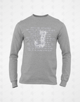 Heather gray long-sleeve crew neck T-shirt with white typographic collage front