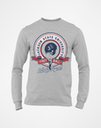 Youth heather gray crewneck long-sleeve T-shirt with large round sports team emblem