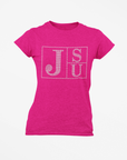 Pink crew-neck T-shirt with rhinestone block TS and JU lettering on chest