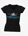 Unisex V-neck t-shirt in black, featuring a blue “Code Blue” graphic on the chest.