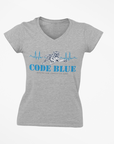 Unisex V-neck t-shirt in athletic heather gray, featuring a blue “Code Blue” graphic.