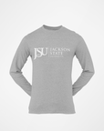 Long-sleeve crew neck T-shirt in heather gray with Jackson State University logo at chest