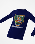 Youth long-sleeve crewneck T-shirt, navy blue with colorful front graphic and script text