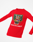 Youth long-sleeve crewneck T-shirt, red with colorful front graphic and script text