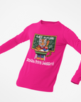 Youth long-sleeve crewneck T-shirt, bright pink with colorful front graphic and script text