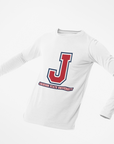 Youth long sleeve crewneck T-shirt in white, back J logo and Jackson State text