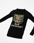 Youth long-sleeve crewneck T-shirt, black with colorful front graphic and script text