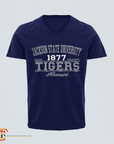 Navy unisex V-neck T-shirt with '1877 Tigers' and 'Alumni' front graphic.