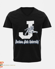 Black unisex V-neck T-shirt with white J, leaping tiger, and Jackson State University text