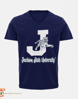 Navy unisex V-neck T-shirt with white J, leaping tiger, and Jackson State University text