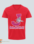 Red V-neck T-shirt with leaping tiger and J emblem graphic