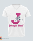 White V-neck t-shirt with pink leaping tiger graphic and Jackson State University text