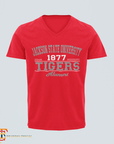 Red unisex V-neck T-shirt with '1877 Tigers' and 'Alumni' front graphic.