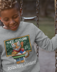 Youth crewneck sweatshirt in athletic heather grey with front cartoon graphic