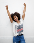 Athletic heather grey unisex crewneck T-shirt with Tigers striped graphic on chest