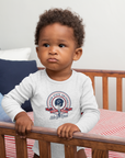 Infant long sleeve bodysuit, athletic heather grey with round college logo graphic