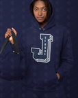 Navy pullover hoodie with Tigers J logo and front pocket