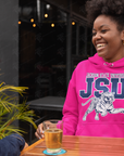 Pink pullover hoodie with large JSU tiger graphic and kangaroo pocket