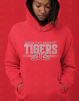 Red unisex pullover hoodie with Tigers basketball logo, hood and front kangaroo pocket