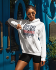 White unisex pullover hoodie with stacked 'TIGERS' graphic and tiger mascot graphic
