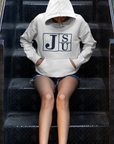 Unisex pullover hoodie, white, front hood and kangaroo pocket with blue block letter logo