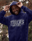 Navy pullover hoodie with Tigers Basketball chest graphic and drawstring hood