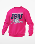 Youth crewneck sweatshirt in fuchsia pink with leaping tiger graphic on front