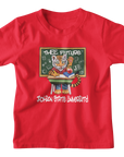 Red youth crewneck T-shirt with 'Thee Future' front graphic