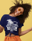 Navy blue short sleeve T-shirt with Tigers logo, worn with tied front