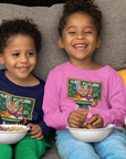 Toddler long-sleeve crewneck T-shirts with sports graphic, navy and pink, worn by children