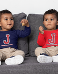 Infant long sleeve bodysuits, navy and red, both with J logos and Jackson State University text