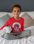 Red toddler long sleeve T-shirt worn by child, featuring circular sports logo