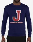 Unisex long sleeve crewneck T-shirt, navy blue with J logo front print