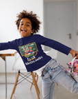 Youth long-sleeve crewneck T-shirt, navy blue with colorful front graphic and script text