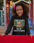 Youth long-sleeve crewneck T-shirt, black with colorful front graphic and script text