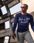 Navy blue long-sleeve crewneck T-shirt with white script logo on chest