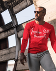 Red long-sleeve crewneck T-shirt with white script logo across chest