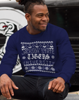 Dark blue short-sleeve T-shirt with white winter pattern and university logo graphic