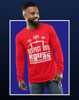 Red long-sleeve T-shirt with 'Respect Our House' puff print and Jackson State University