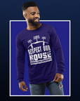 Navy long-sleeve T-shirt with 'Respect Our House' puff print and Jackson State University