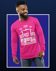 Pink long-sleeve T-shirt with 'Respect Our House' puff print and Jackson State University