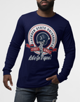 Navy blue long sleeve crew neck t-shirt with Jackson State University football graphic