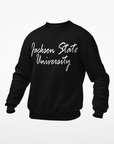 Black unisex crewneck sweatshirt with white script university logo
