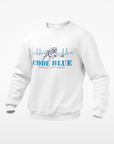 White crewneck sweatshirt with Code Blue graphic on chest