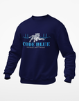 Navy crewneck sweatshirt with Code Blue graphic on chest