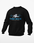 Black crewneck sweatshirt with Code Blue graphic on chest