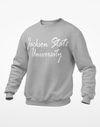Light gray unisex crewneck sweatshirt with white script university logo